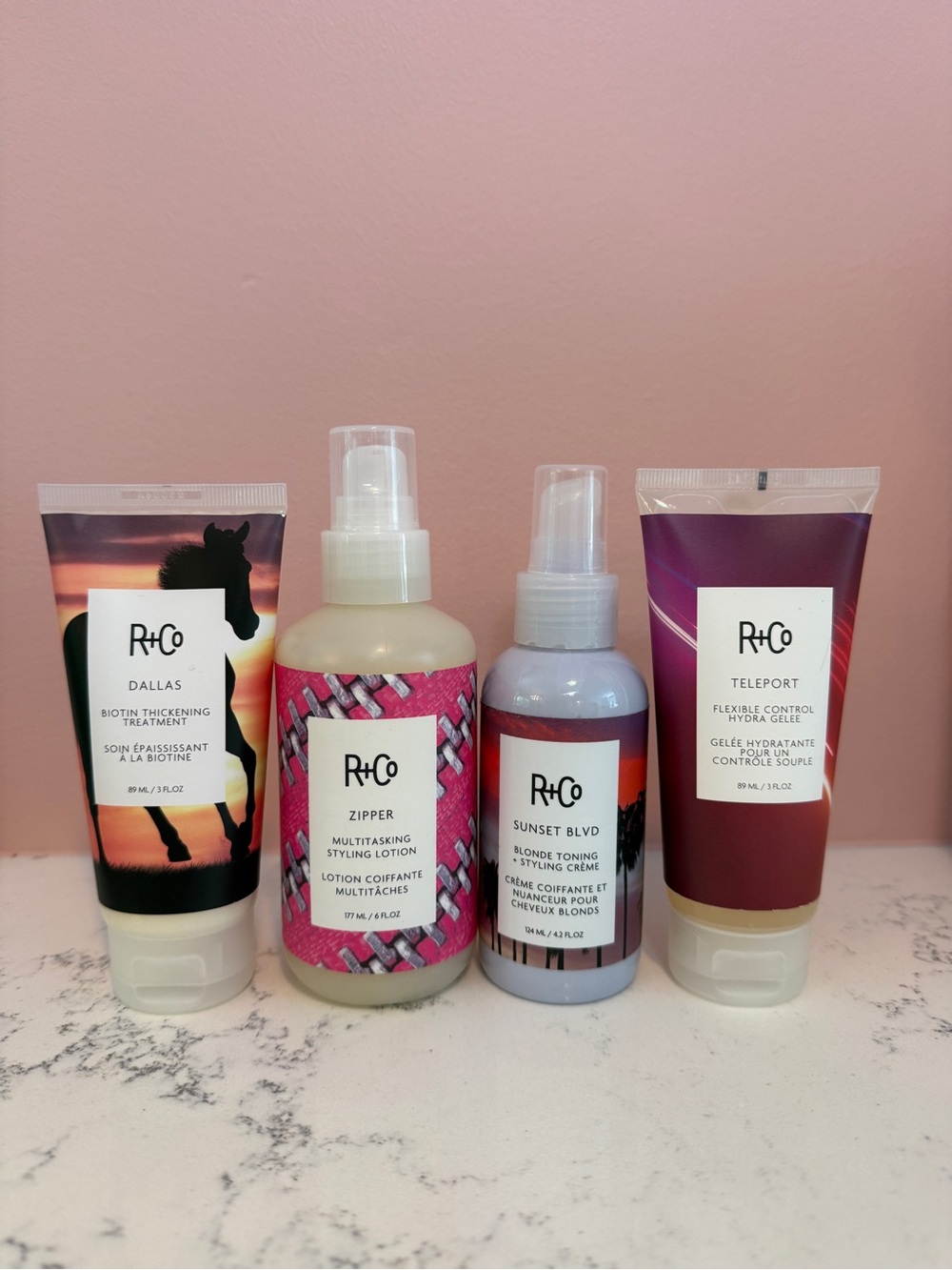 4 R+Co hair products - NEW, unopened - dallas teleport zipper sunset blvd